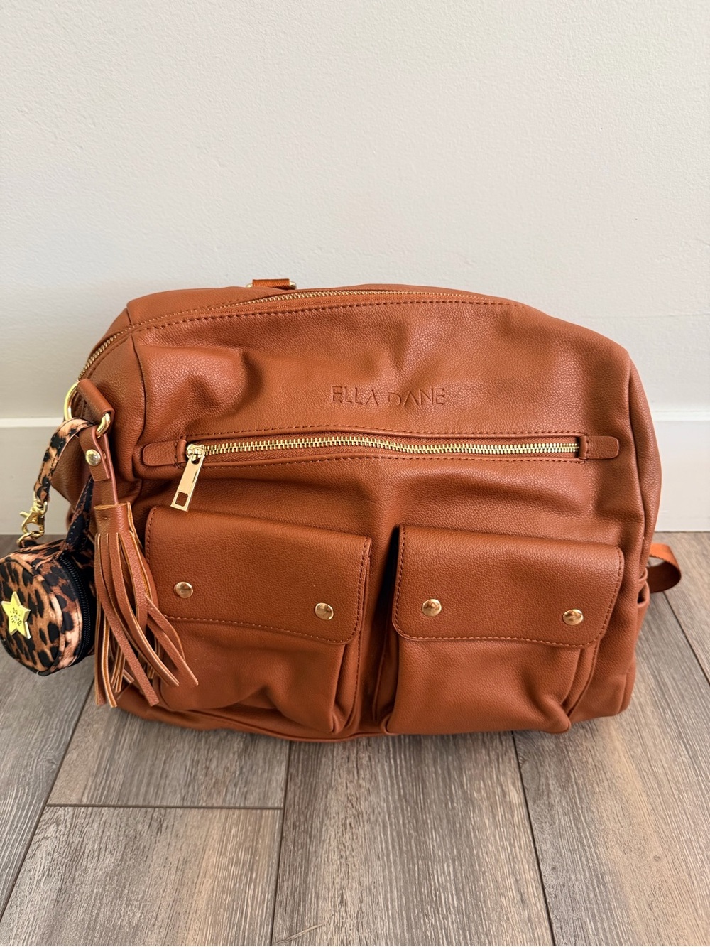 Ella Dane Cognac Baby Bag with Front Pockets and backpack straps